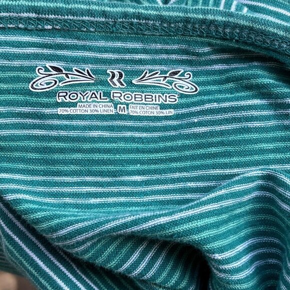 Royal Robbins Green Stripe Scoop-Neck Top Drawstring Waist Roll-Tab Sleeve Sz. M - Picture 2 of 6